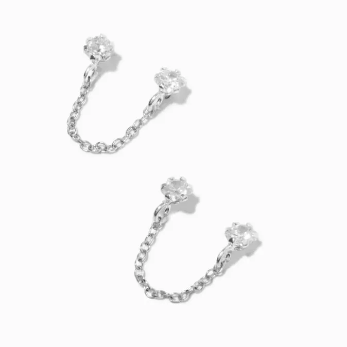 ICING Sterling Silver Cubic Zirconia Connector Chain Stud Earrings