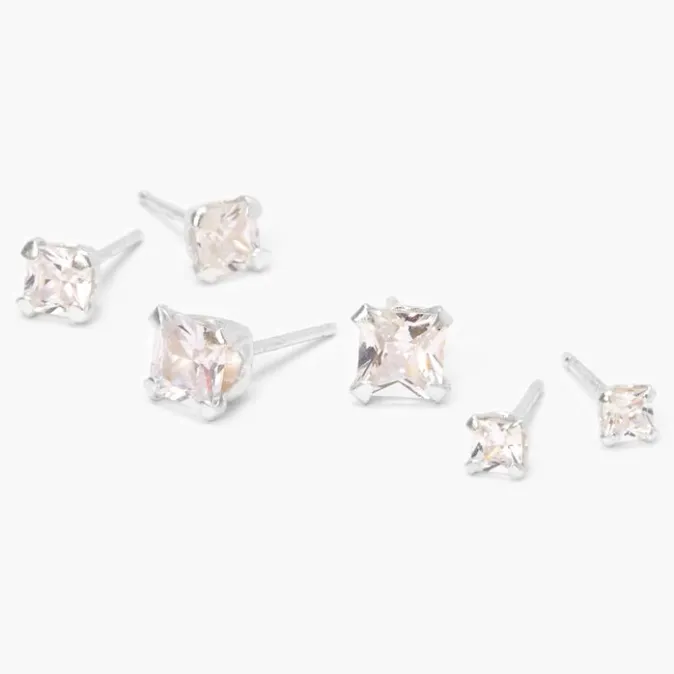 ICING Sterling Silver Cubic Zirconia Square Stud Earrings - 3MM, 4MM, 5MM