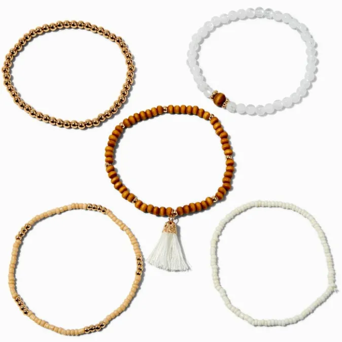 ICING White Tassel Wooden Beaded Stretch Bracelet Set - 5 Pack